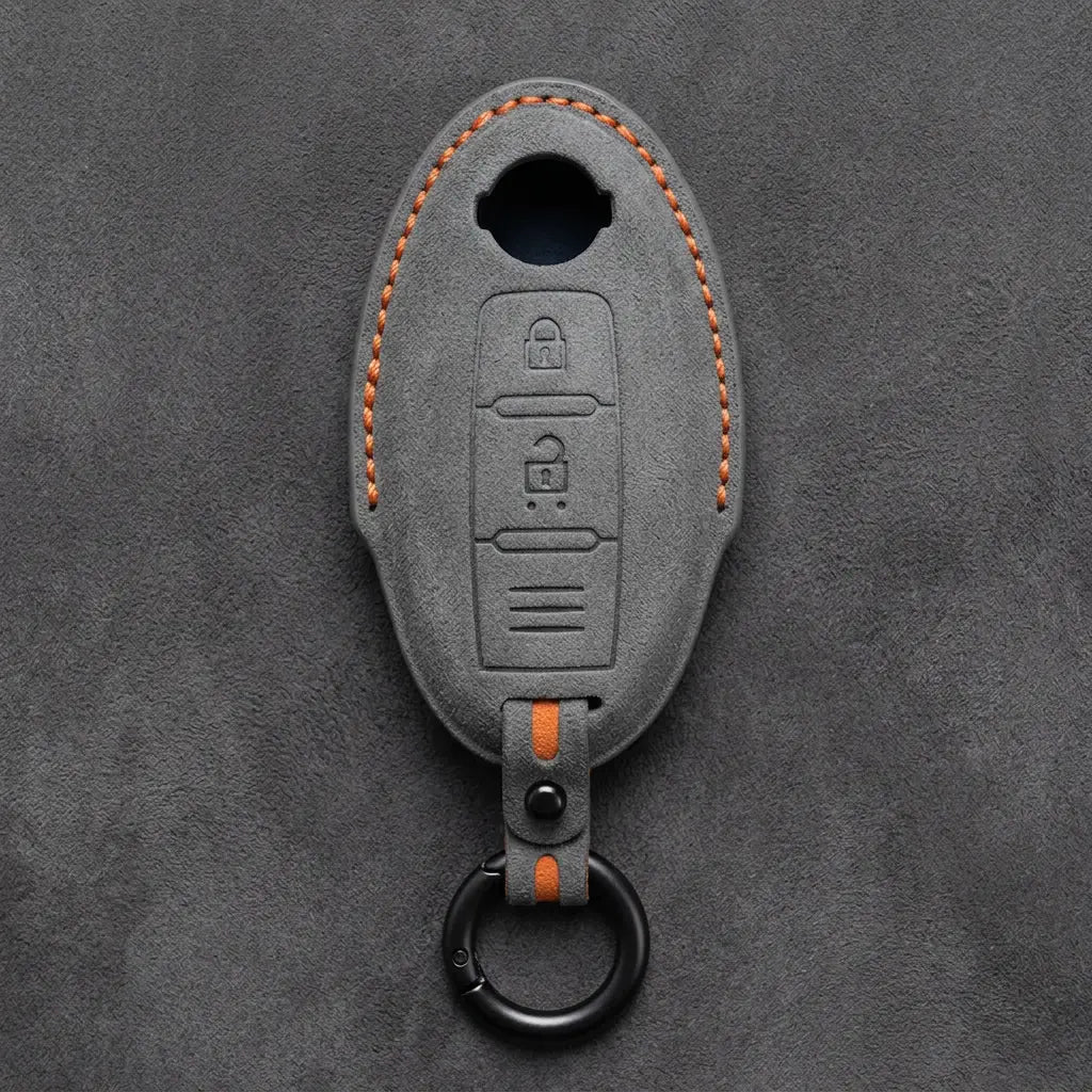 Nissan Hand-Stitched Alcantara Key Fob Cover – Oval 2-Button - Dark Gray