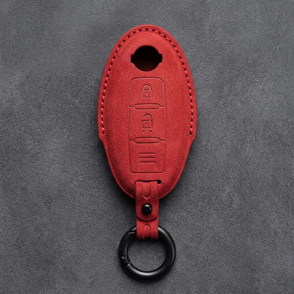 Nissan Hand-Stitched Alcantara Key Fob Cover – Oval 2-Button - Red