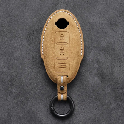 Nissan Hand-Stitched Alcantara Key Fob Cover – Oval 2-Button - Soft Brown