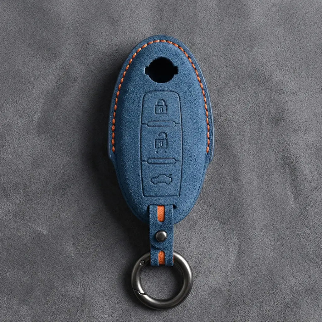 Nissan Hand-Stitched Alcantara Key Fob Cover – Oval 3-Button - Cobalt Blue