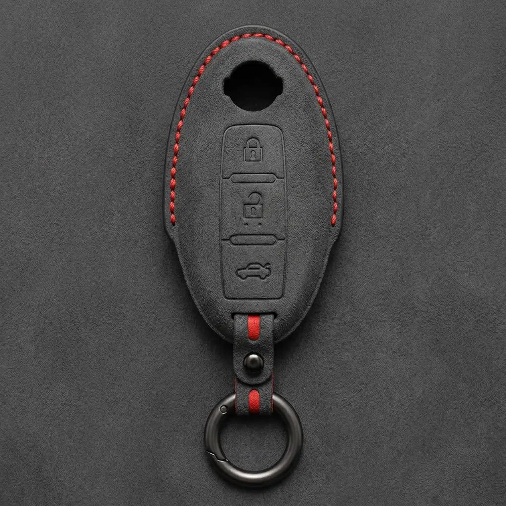 Nissan Hand-Stitched Alcantara Key Fob Cover – Oval 3-Button - Dark Charcoal