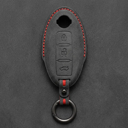 Nissan Hand-Stitched Alcantara Key Fob Cover – Oval 3-Button - Dark Charcoal