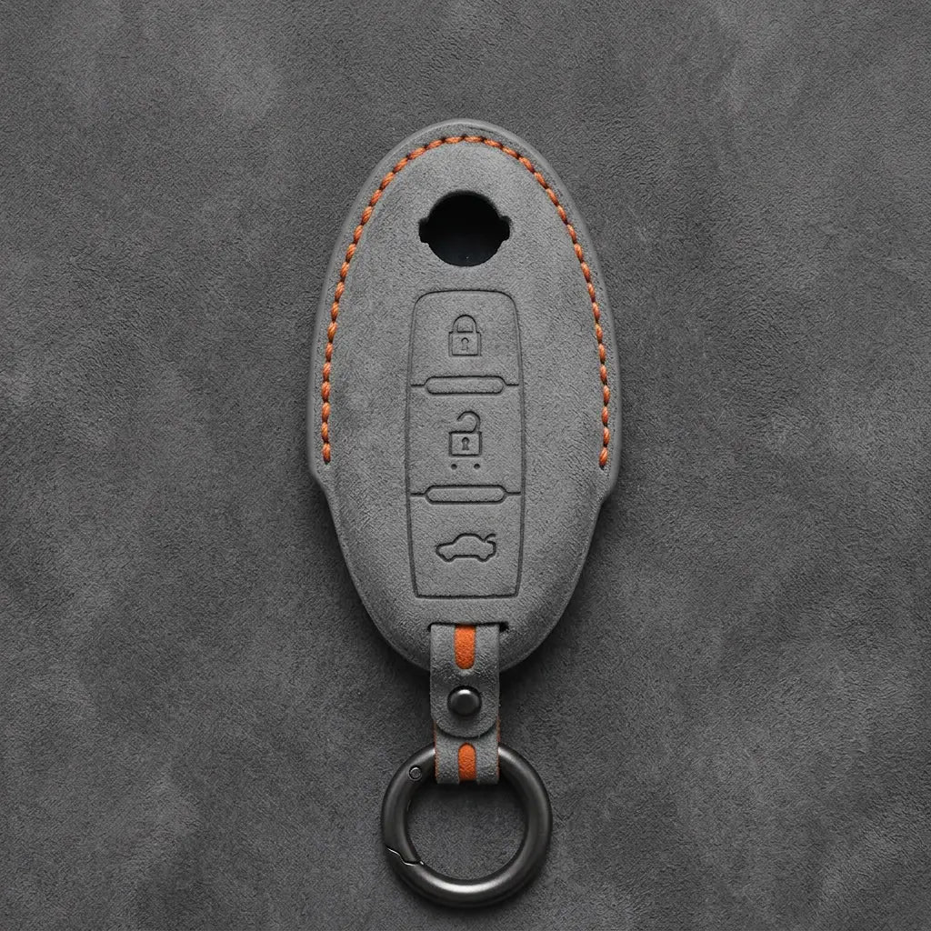 Nissan Hand-Stitched Alcantara Key Fob Cover – Oval 3-Button - Dark Gray