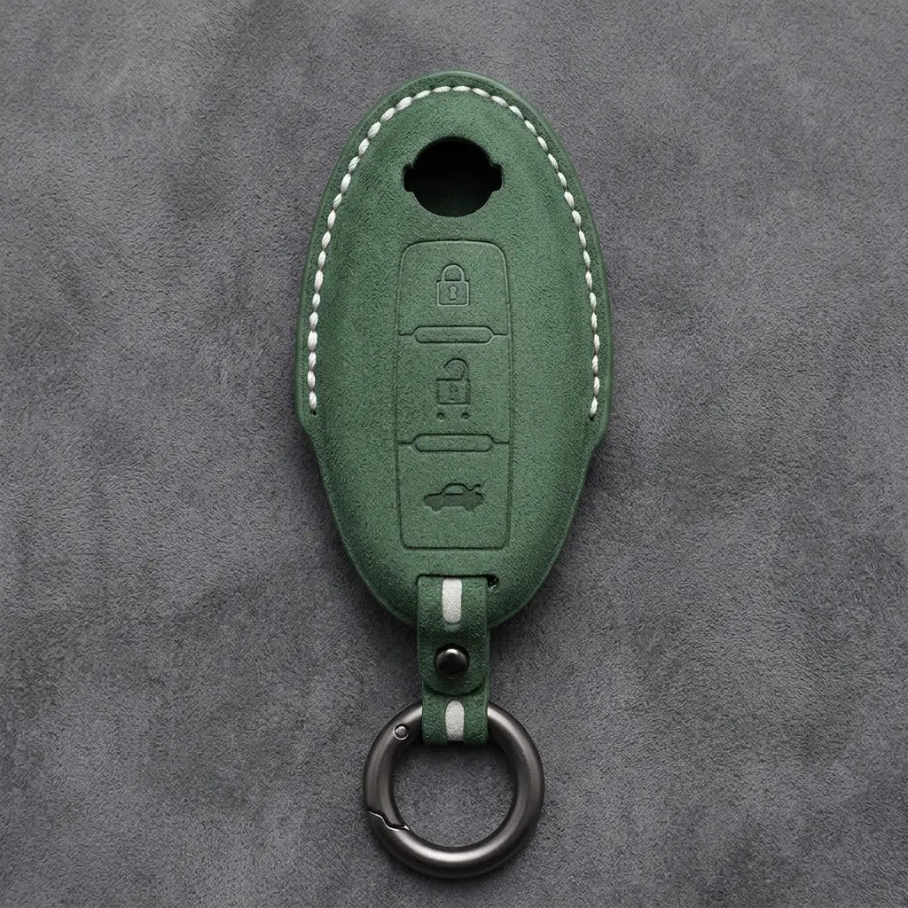 Nissan Hand-Stitched Alcantara Key Fob Cover – Oval 3-Button - Dark Green