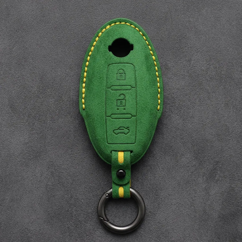 Nissan Hand-Stitched Alcantara Key Fob Cover – Oval 3-Button - Grass Green