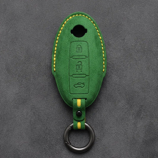 Nissan Hand-Stitched Alcantara Key Fob Cover – Oval 3-Button - Grass Green