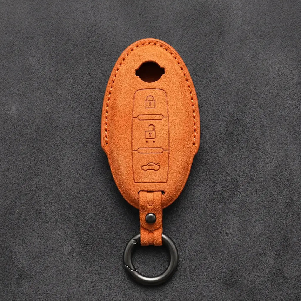 Nissan Hand-Stitched Alcantara Key Fob Cover – Oval 3-Button - Orange