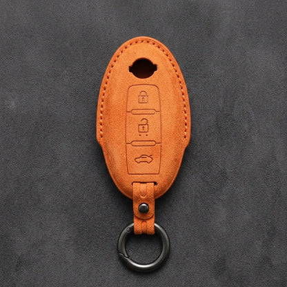 Nissan Hand-Stitched Alcantara Key Fob Cover – Oval 3-Button - Orange