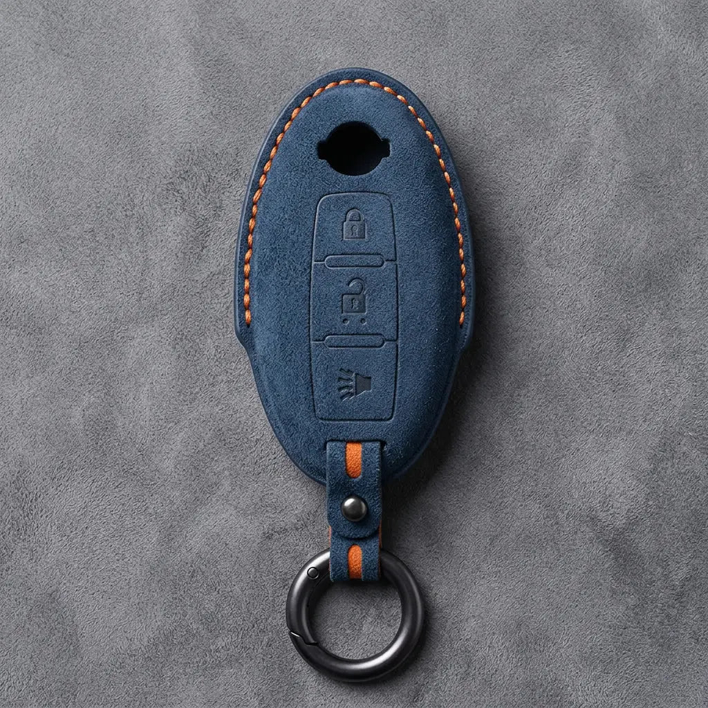Nissan Hand-Stitched Alcantara Key Fob Cover – Oval 3-Button Panic - Cobalt Blue