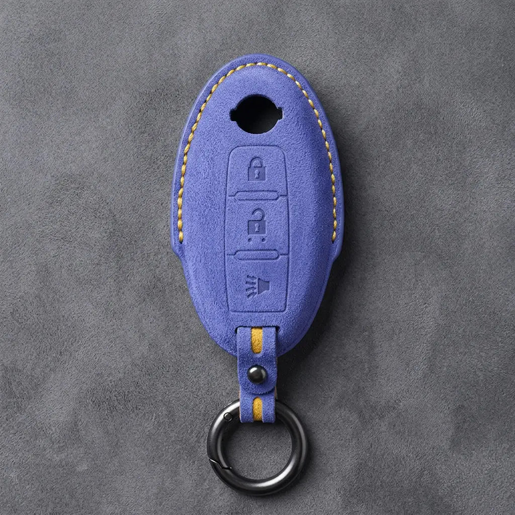 Nissan Hand-Stitched Alcantara Key Fob Cover – Oval 3-Button Panic - Cornflower Blue