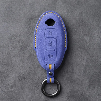 Nissan Hand-Stitched Alcantara Key Fob Cover – Oval 3-Button Panic - Cornflower Blue