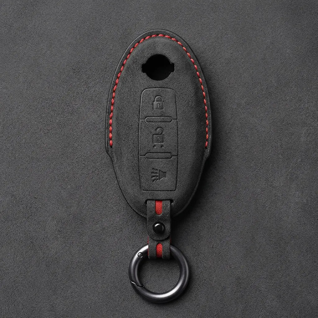Nissan Hand-Stitched Alcantara Key Fob Cover – Oval 3-Button Panic - Dark Charcoal