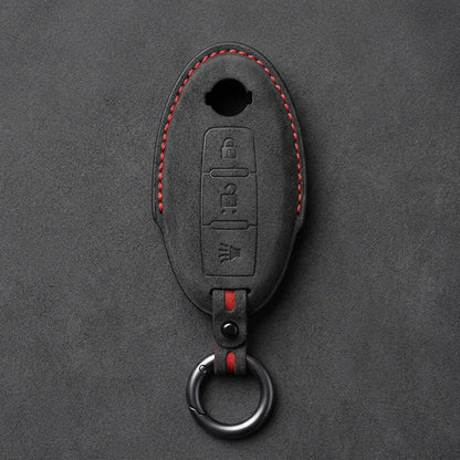 Nissan Hand-Stitched Alcantara Key Fob Cover – Oval 3-Button Panic - Dark Charcoal