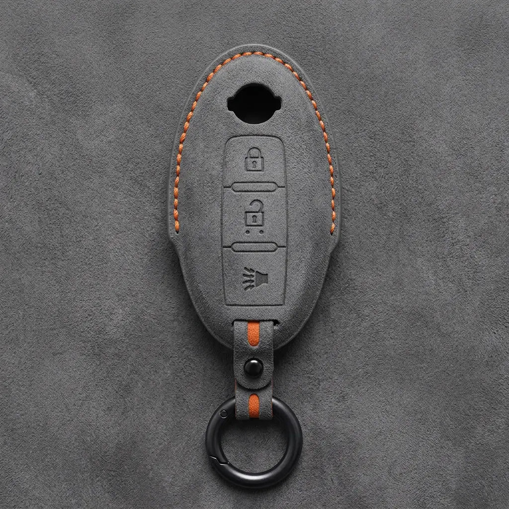 Nissan Hand-Stitched Alcantara Key Fob Cover – Oval 3-Button Panic - Dark Gray