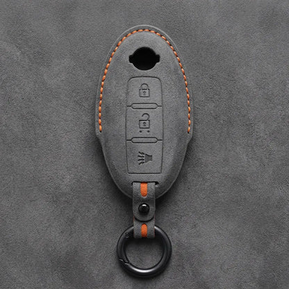 Nissan Hand-Stitched Alcantara Key Fob Cover – Oval 3-Button Panic - Dark Gray