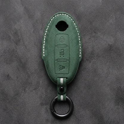 Nissan Hand-Stitched Alcantara Key Fob Cover – Oval 3-Button Panic - Dark Green