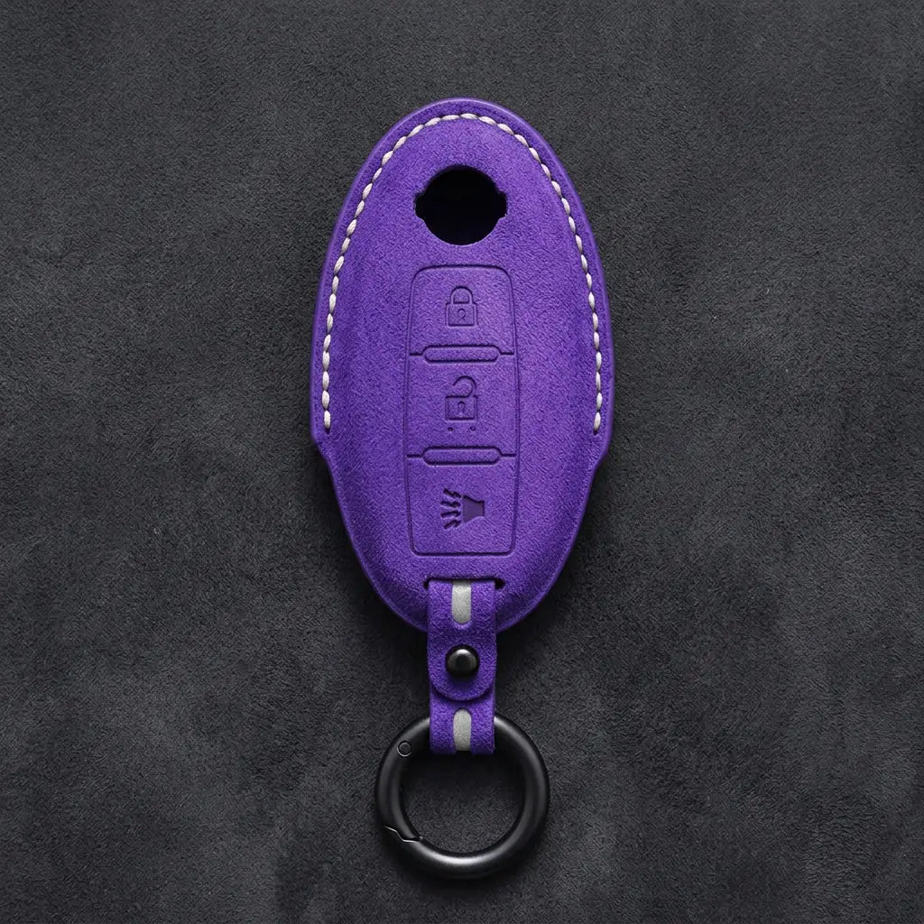 Nissan Hand-Stitched Alcantara Key Fob Cover – Oval 3-Button Panic - Dark Purple