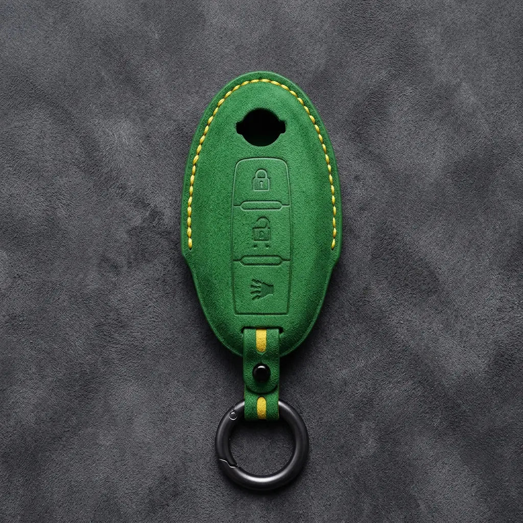 Nissan Hand-Stitched Alcantara Key Fob Cover – Oval 3-Button Panic - Grass Green