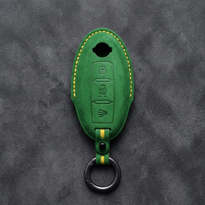 Nissan Hand-Stitched Alcantara Key Fob Cover – Oval 3-Button Panic - Grass Green