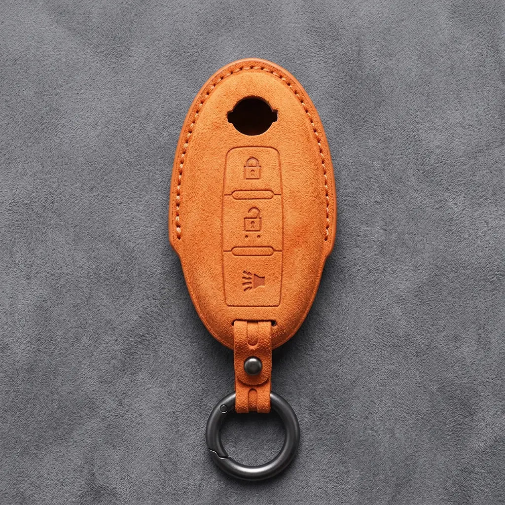 Nissan Hand-Stitched Alcantara Key Fob Cover – Oval 3-Button Panic - Orange