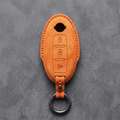 Nissan Hand-Stitched Alcantara Key Fob Cover – Oval 3-Button Panic - Orange