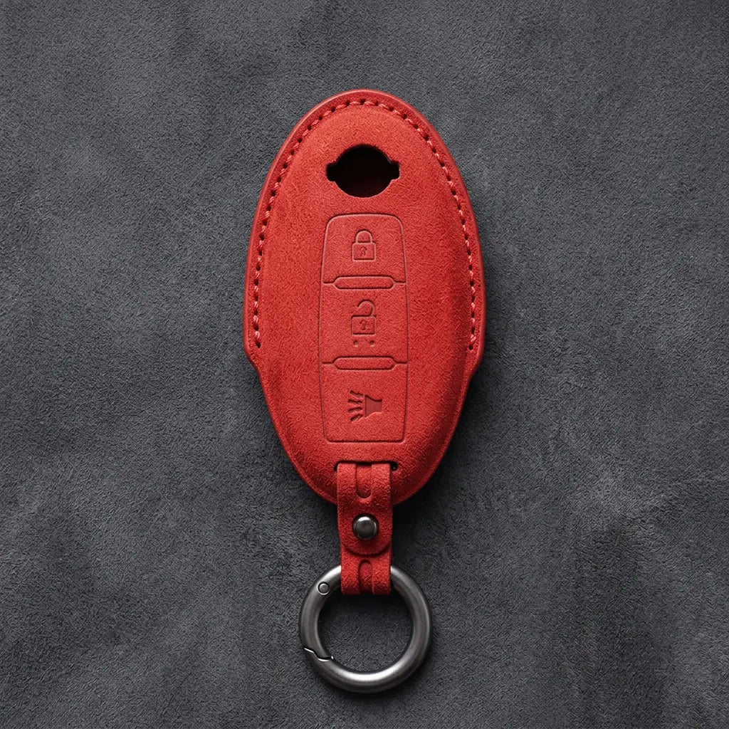 Nissan Hand-Stitched Alcantara Key Fob Cover – Oval 3-Button Panic - Red