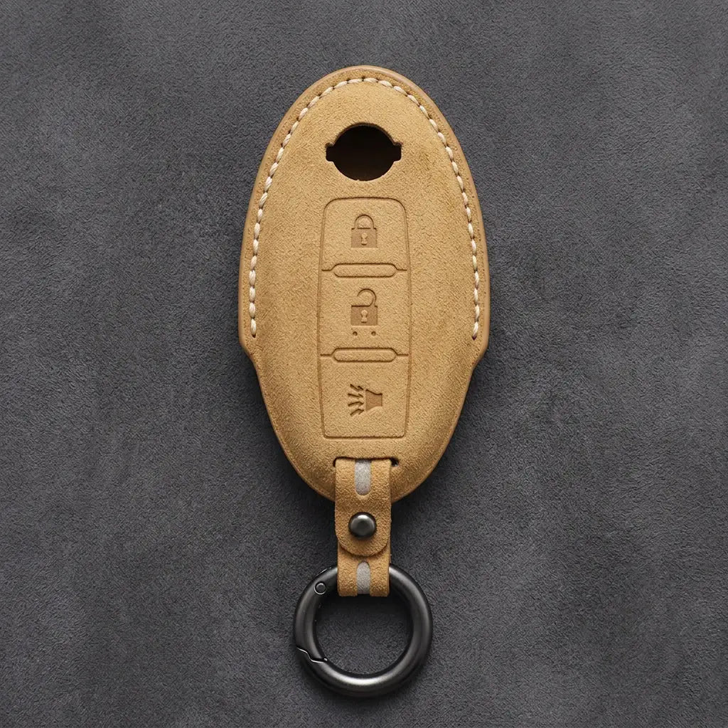 Nissan Hand-Stitched Alcantara Key Fob Cover – Oval 3-Button Panic - Soft Brown