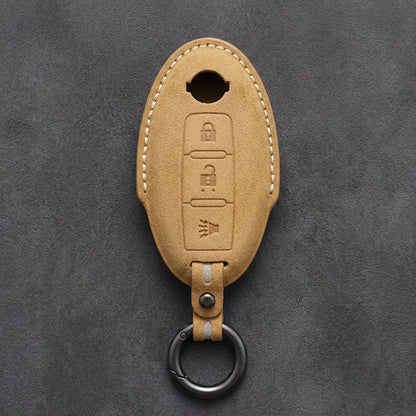 Nissan Hand-Stitched Alcantara Key Fob Cover – Oval 3-Button Panic - Soft Brown