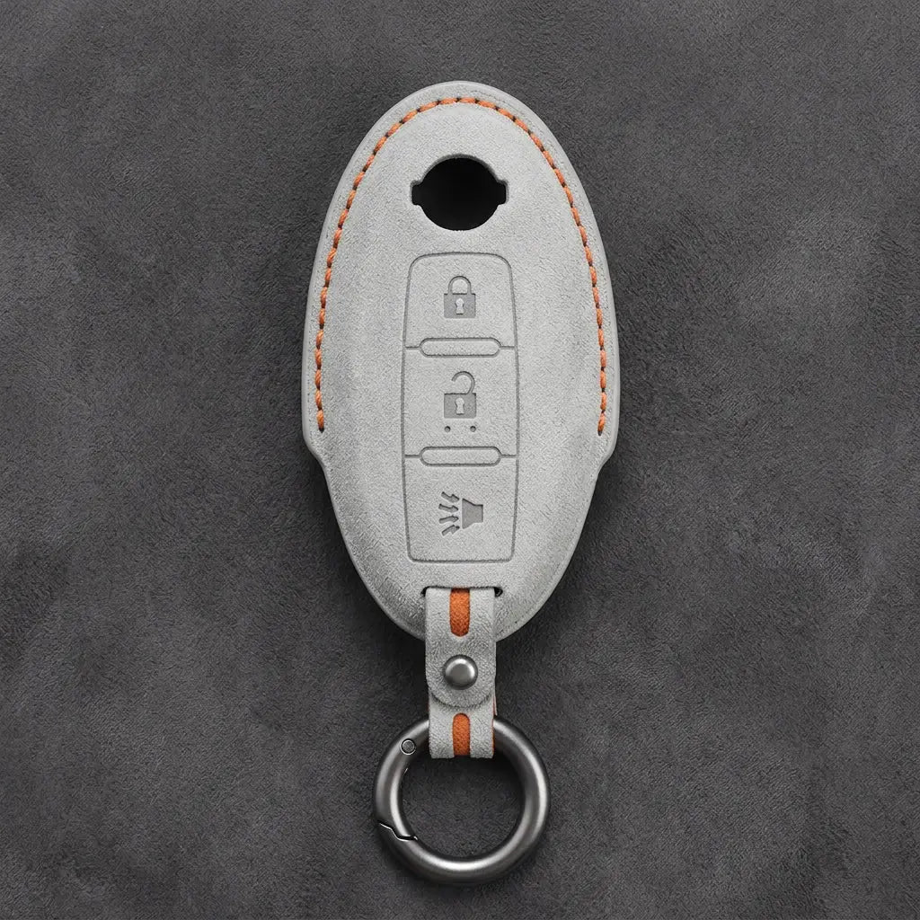Nissan Hand-Stitched Alcantara Key Fob Cover – Oval 3-Button Panic - White