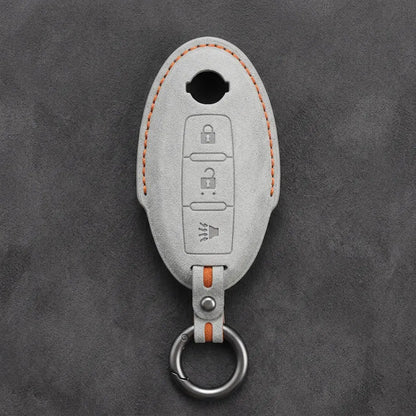 Nissan Hand-Stitched Alcantara Key Fob Cover – Oval 3-Button Panic - White