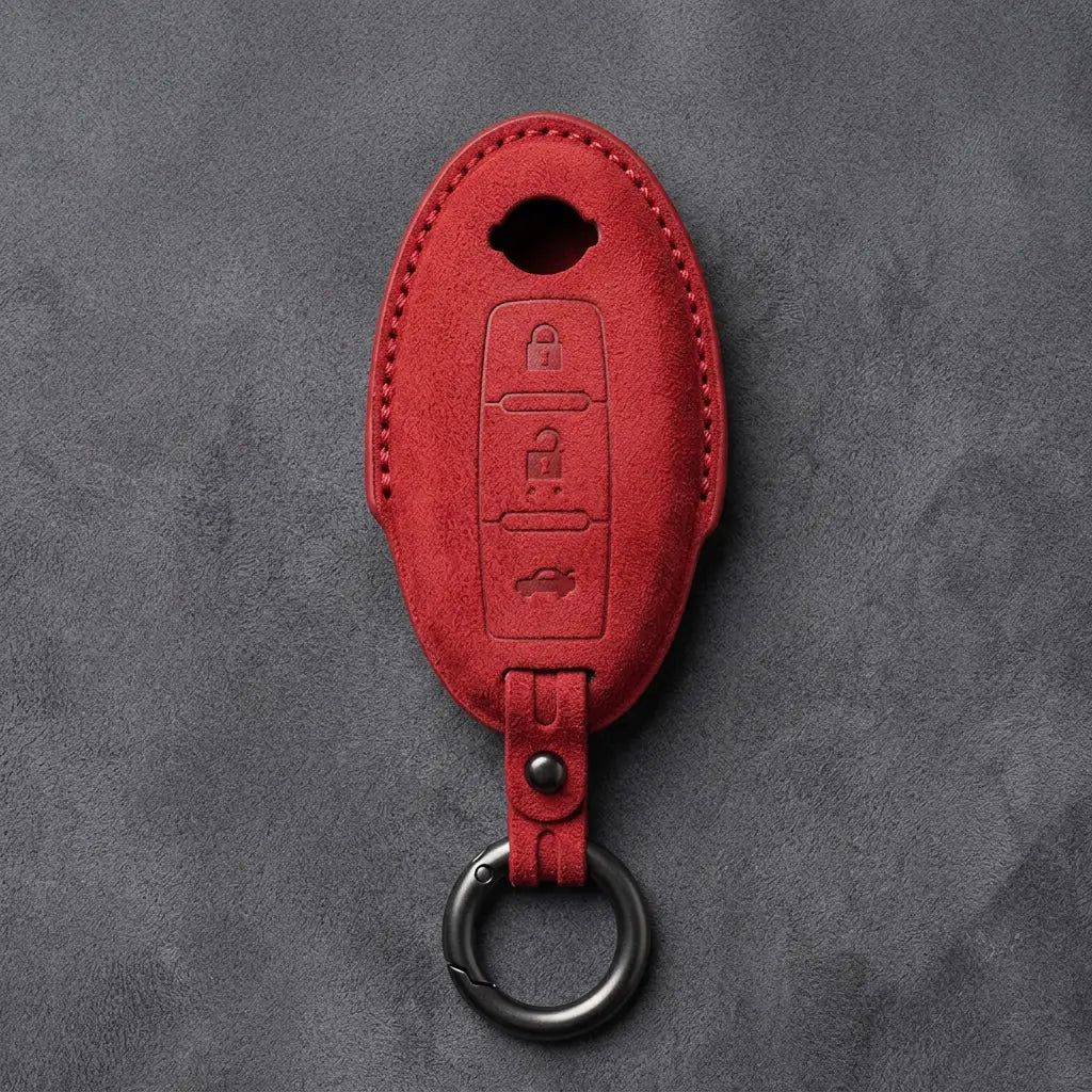 Nissan Hand-Stitched Alcantara Key Fob Cover – Oval 3-Button - Red