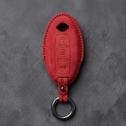Nissan Hand-Stitched Alcantara Key Fob Cover – Oval 3-Button - Red