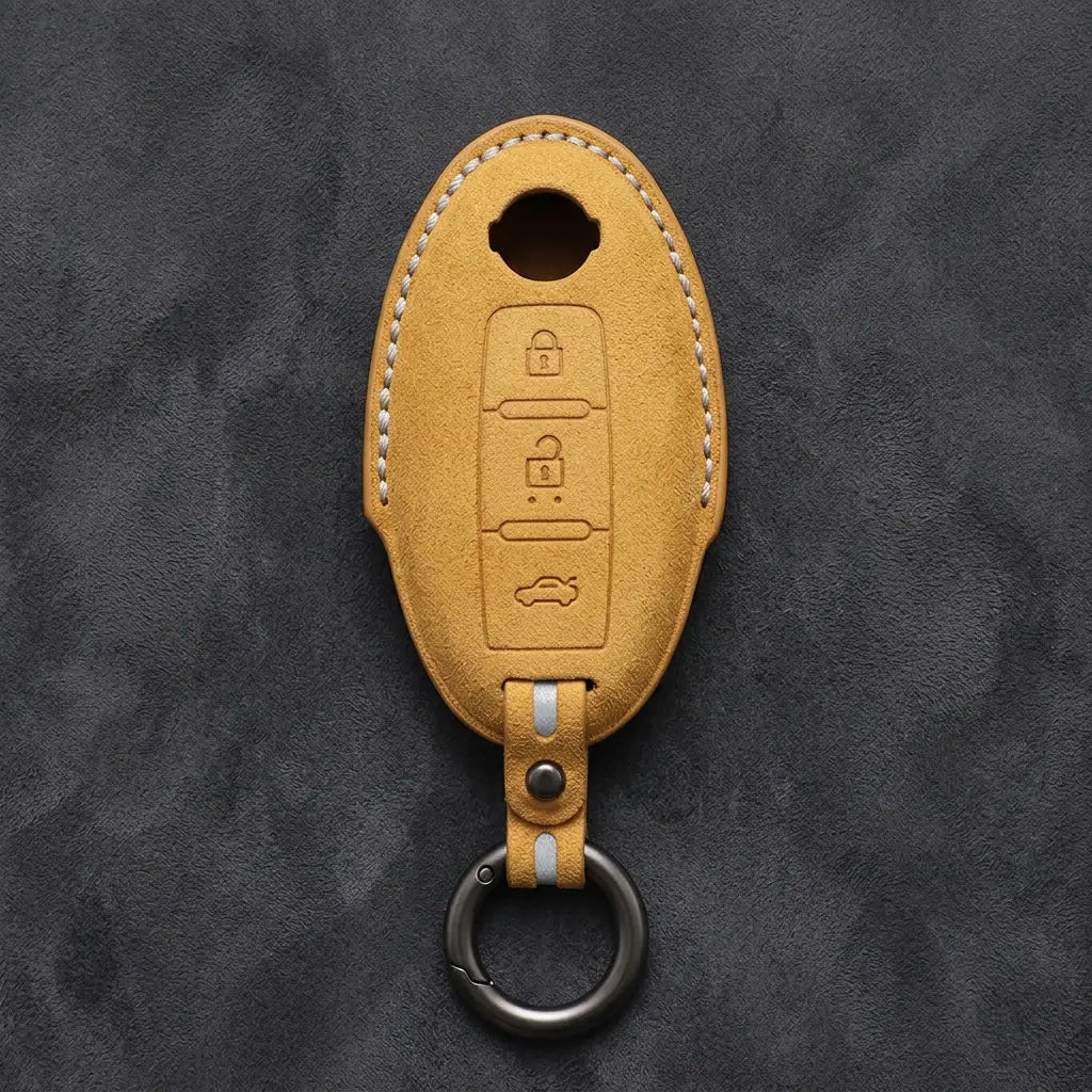 Nissan Hand-Stitched Alcantara Key Fob Cover – Oval 3-Button - Soft Brown