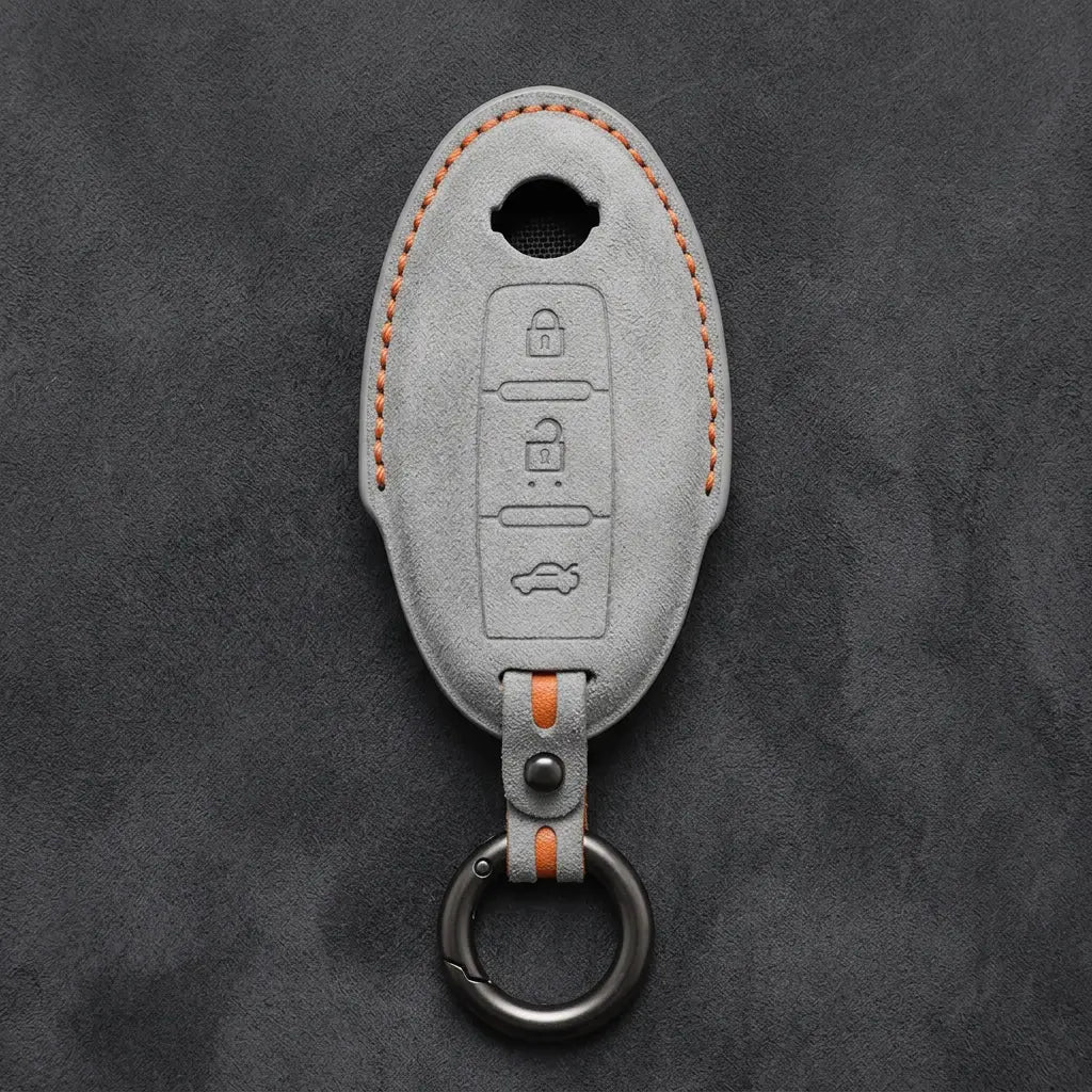 Nissan Hand-Stitched Alcantara Key Fob Cover – Oval 3-Button - White