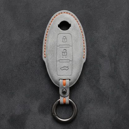 Nissan Hand-Stitched Alcantara Key Fob Cover – Oval 3-Button - White