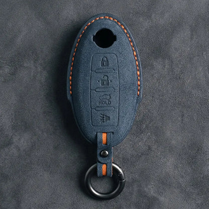 Nissan Hand-Stitched Alcantara Key Fob Cover – Oval 4-Button - Cobalt Blue
