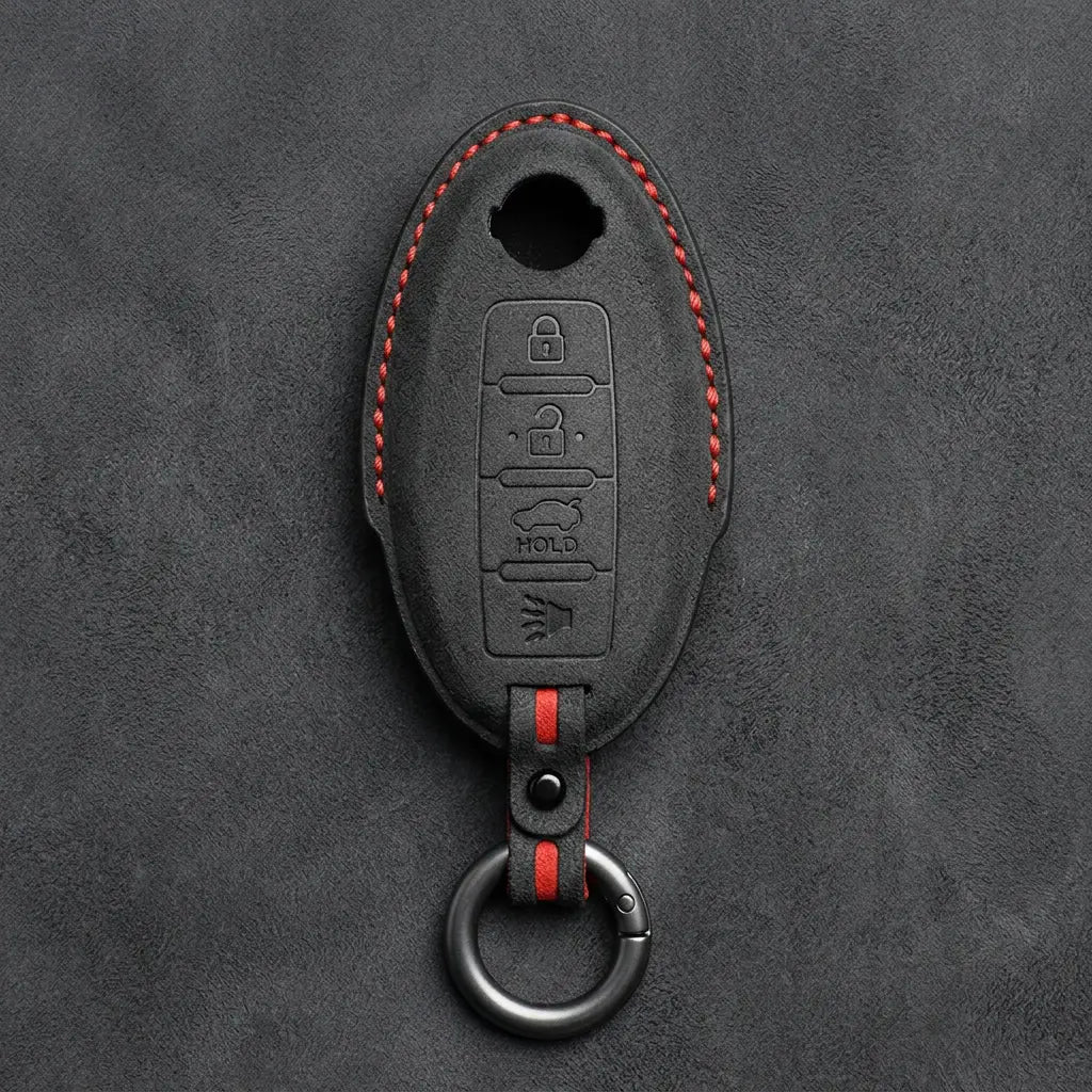 Nissan Hand-Stitched Alcantara Key Fob Cover – Oval 4-Button - Dark Charcoal