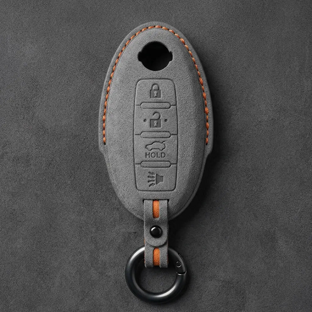 Nissan Hand-Stitched Alcantara Key Fob Cover – Oval 4-Button - Dark Gray