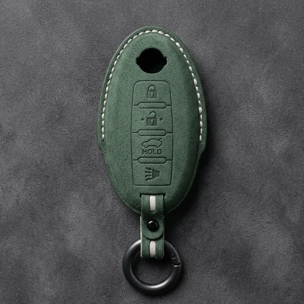 Nissan Hand-Stitched Alcantara Key Fob Cover – Oval 4-Button - Dark Green