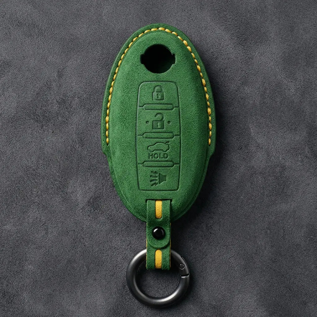 Nissan Hand-Stitched Alcantara Key Fob Cover – Oval 4-Button - Grass Green