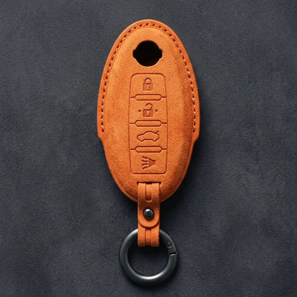 Nissan Hand-Stitched Alcantara Key Fob Cover – Oval 4-Button - Orange