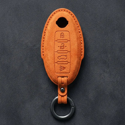 Nissan Hand-Stitched Alcantara Key Fob Cover – Oval 4-Button - Orange