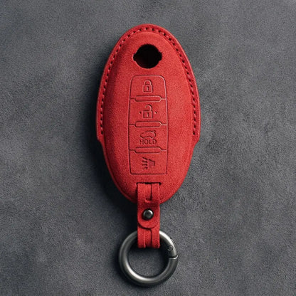 Nissan Hand-Stitched Alcantara Key Fob Cover – Oval 4-Button - Red