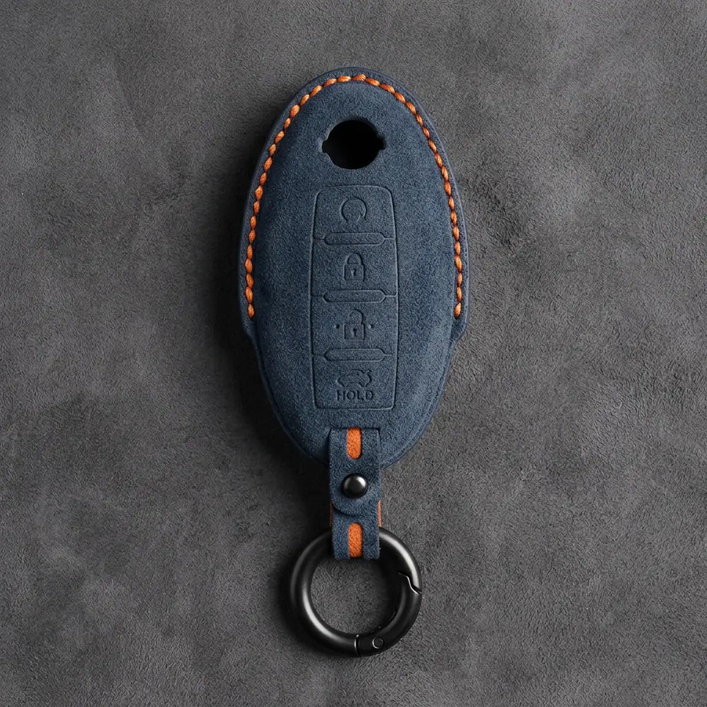 Nissan Hand-Stitched Alcantara Key Fob Cover – Oval 4-Button Remote Start - Cobalt Blue