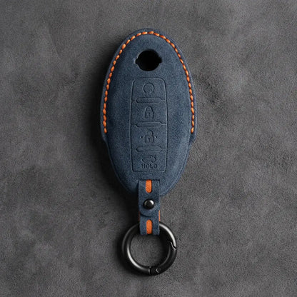 Nissan Hand-Stitched Alcantara Key Fob Cover – Oval 4-Button Remote Start - Cobalt Blue