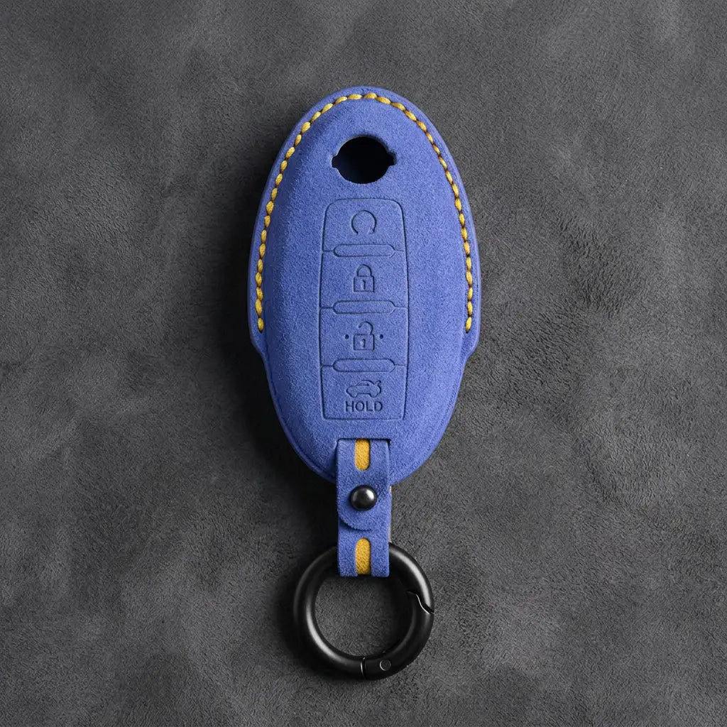 Nissan Hand-Stitched Alcantara Key Fob Cover – Oval 4-Button Remote Start - Cornflower blue