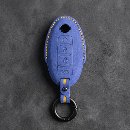 Nissan Hand-Stitched Alcantara Key Fob Cover – Oval 4-Button Remote Start - Cornflower blue