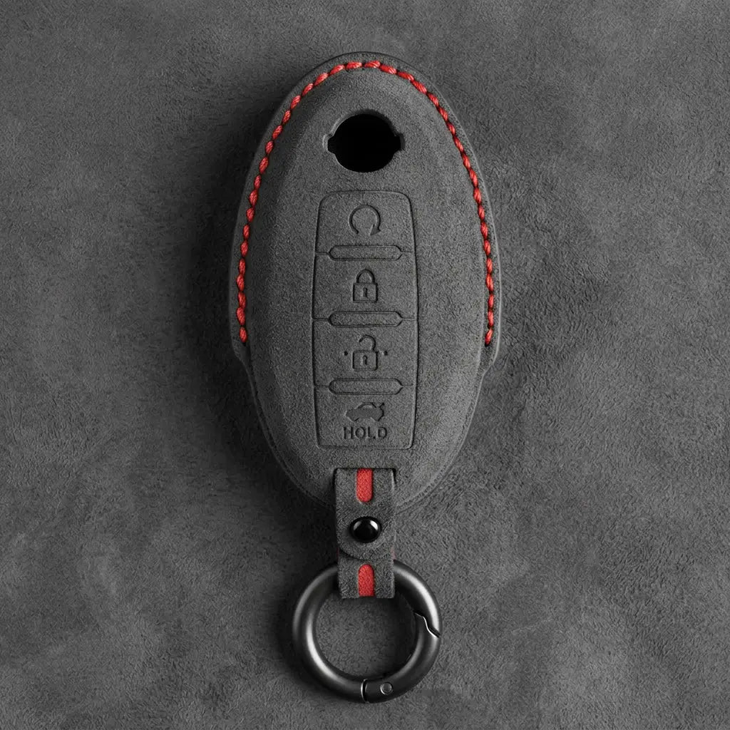 Nissan Hand-Stitched Alcantara Key Fob Cover – Oval 4-Button Remote Start - Dark Charcoal