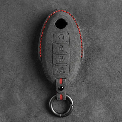 Nissan Hand-Stitched Alcantara Key Fob Cover – Oval 4-Button Remote Start - Dark Charcoal