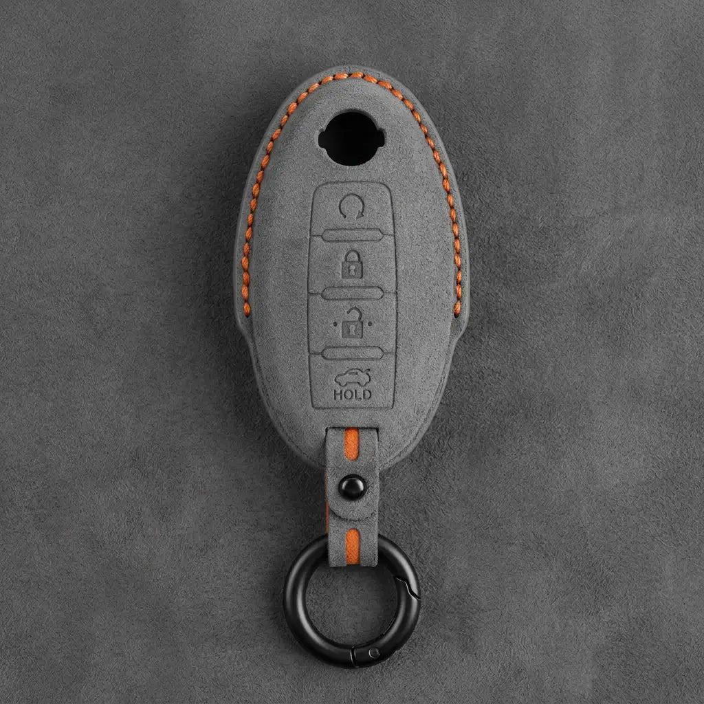Nissan Hand-Stitched Alcantara Key Fob Cover – Oval 4-Button Remote Start - Dark Gray
